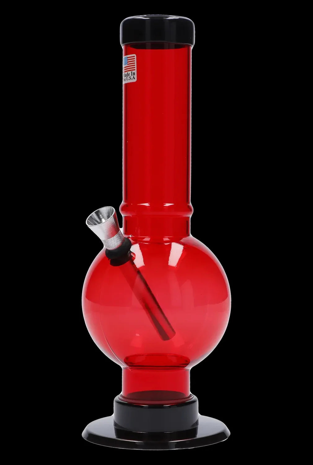 Red glass water pipe (bong) with a metal bowl piece.