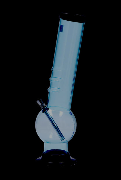 Angled front view of the Dark Green "Acrylic Bong 2" ACRYLICS showing its rounded base, straight neck, and metal downstem against black.