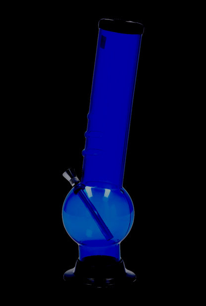 Angled studio shot of the Acrylic Bong 2" ACRYLICS in translucent light blue against a black background, showing its spherical base and straight neck.