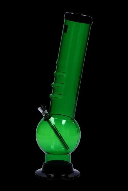 Angled studio shot of the Acrylic Bong 2" ACRYLICS in solid green with a round base and vertical tube against a black background