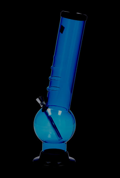 Angled studio shot of the dark blue Acrylic Bong 2" ACRYLICS showing its beaker base, slanted neck and metal bowl against a black background