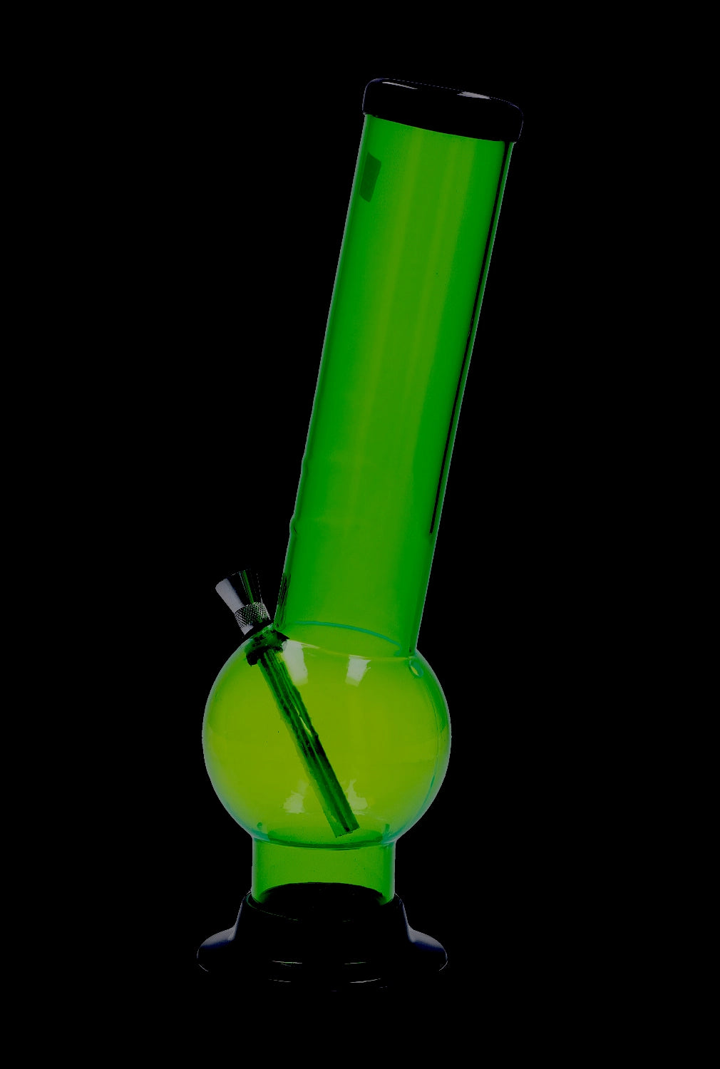 Angled studio shot of a purple Acrylic Bong 2" ACRYLICS with a rounded base and slanted neck against a black background