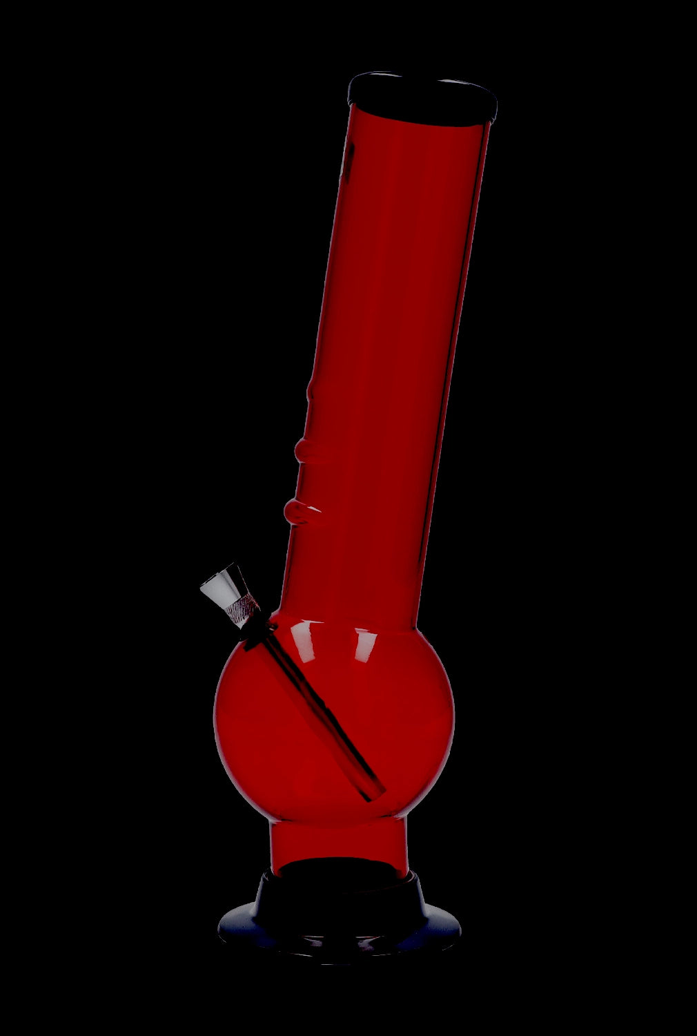 Front-facing view of the Acrylic Bong 2" ACRYLICS in translucent red, shown upright against a black background with its round base and angled downstem visible.