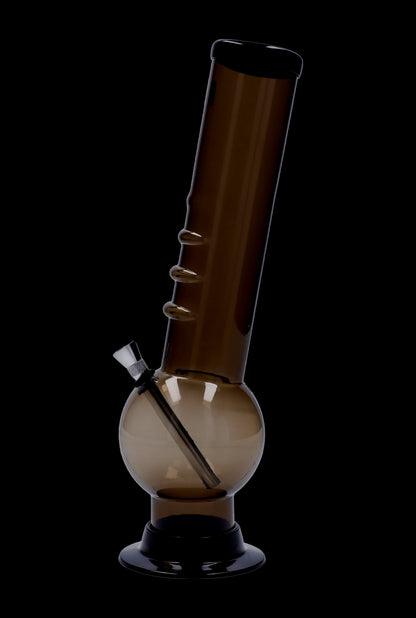 Angled studio shot of the Smoke Acrylic Bong 2" ACRYLICS showing its brown cylindrical neck, round base, and metal downstem.