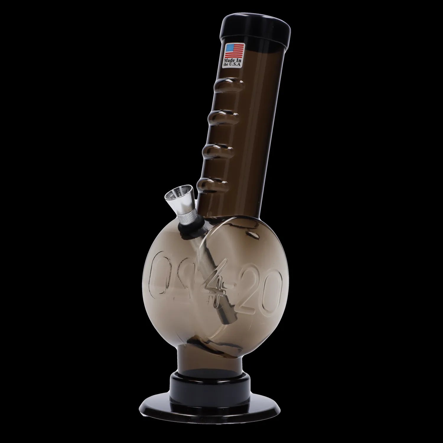 Front view of the JM Plastics 420 Coin Base with Grip acrylic water pipe, featuring a clear design and coin-shaped base.