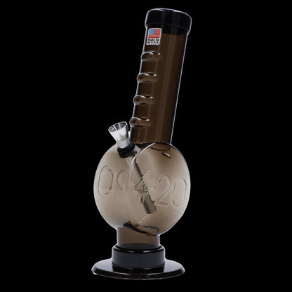Front view of the JM Plastics 420 Coin Base with Grip acrylic water pipe, featuring a clear design and coin-shaped base.