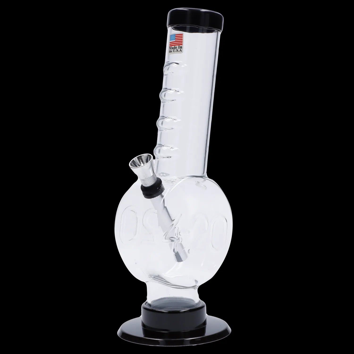 A front view of the 9-inch JM Plastics 420 Coin Base with Grip Acrylic Water Pipe, showcasing its clear acrylic construction and textured grip.