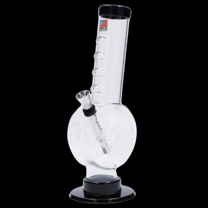 A front view of the 9-inch JM Plastics 420 Coin Base with Grip Acrylic Water Pipe, showcasing its clear acrylic construction and textured grip.
