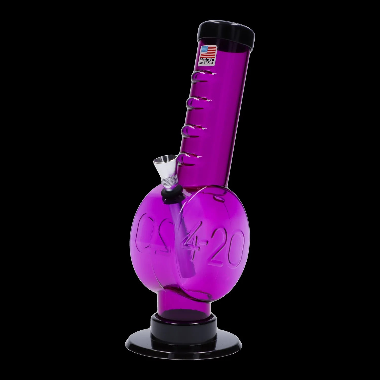 A front view of the 9-inch JM Plastics 420 Coin Base with Grip Acrylic Water Pipe, showcasing its clear body and rounded base.