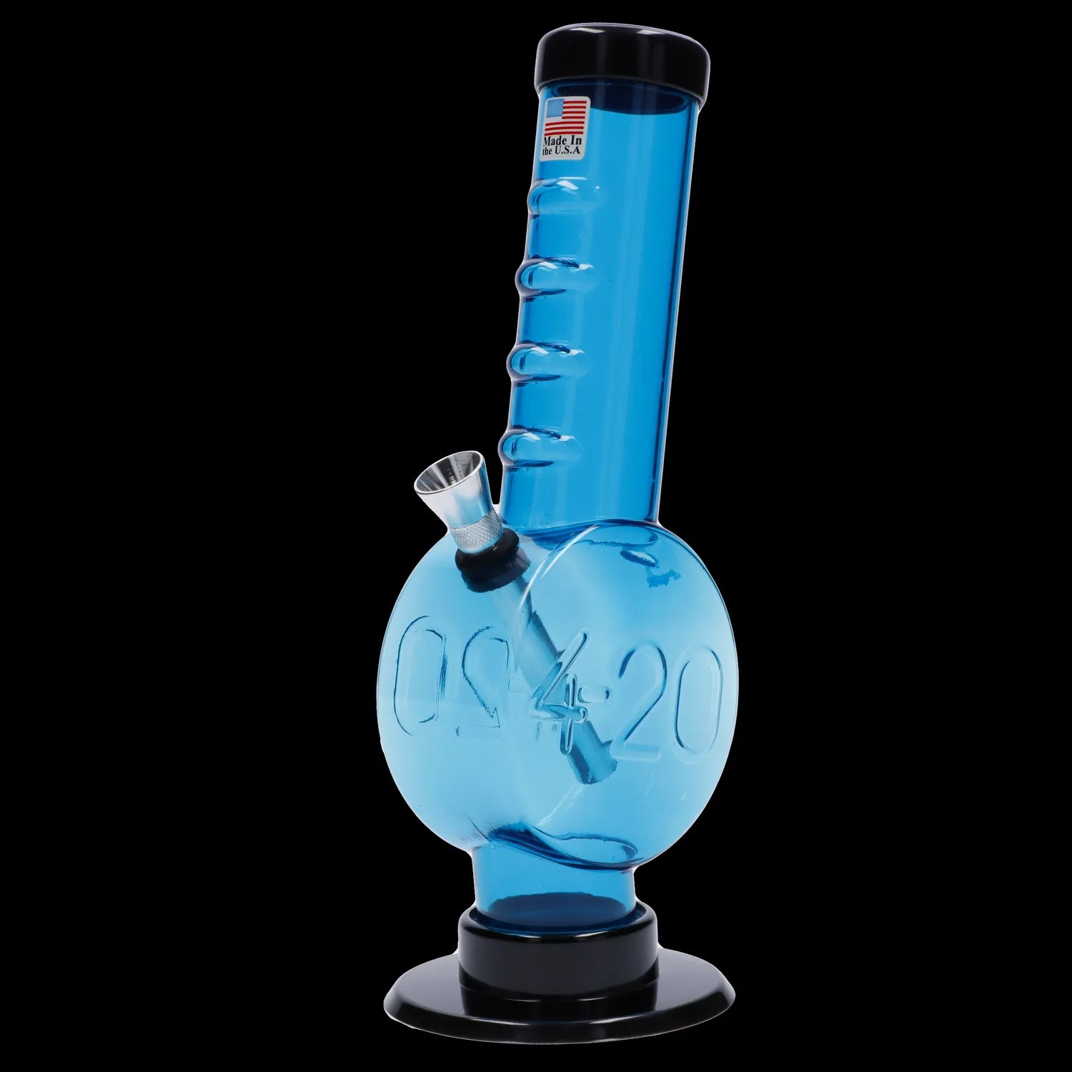Blue glass water pipe (bong) with etched design, isolated on a black background.