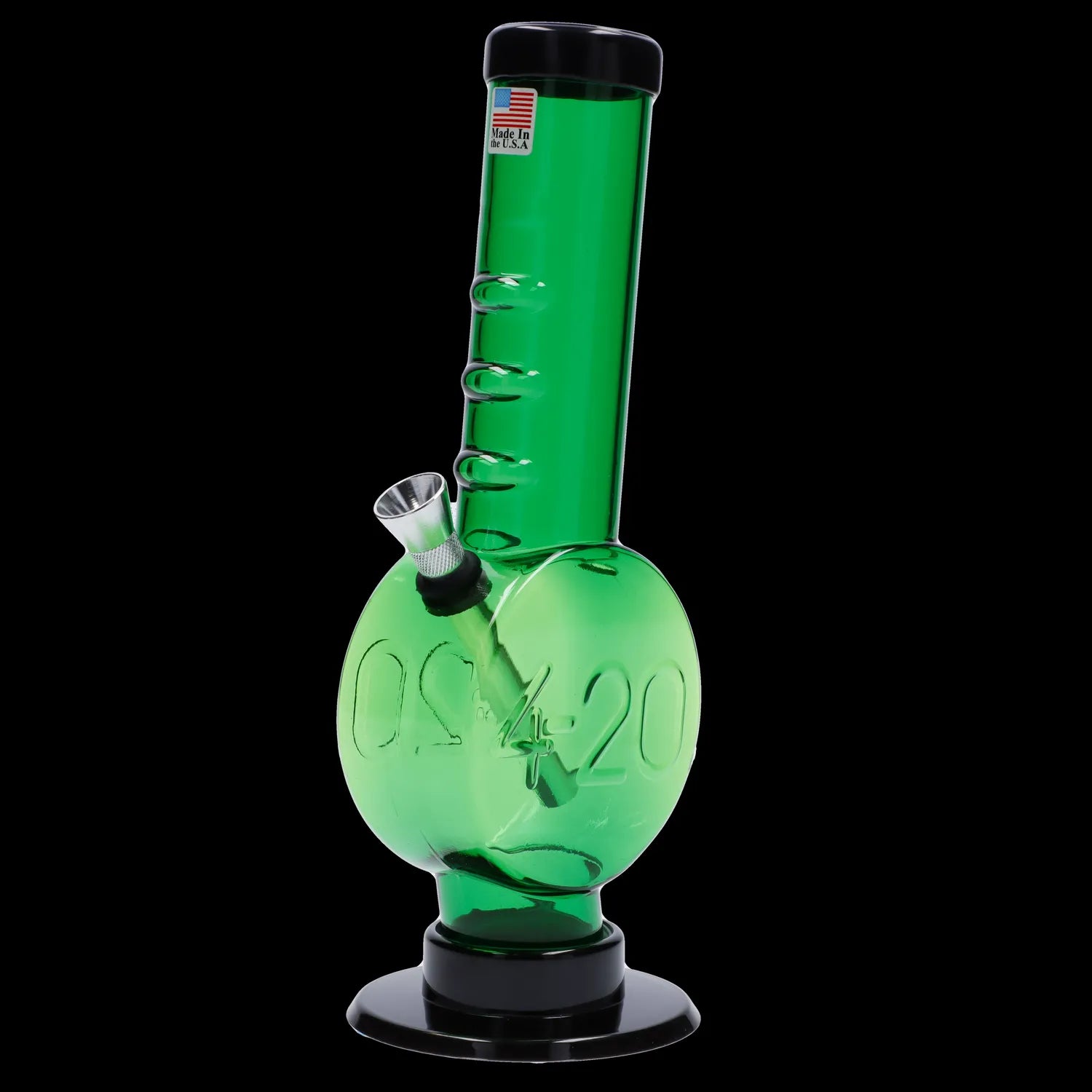 Green glass water pipe (bong) with etched “09/20” and cannabis leaf design.
