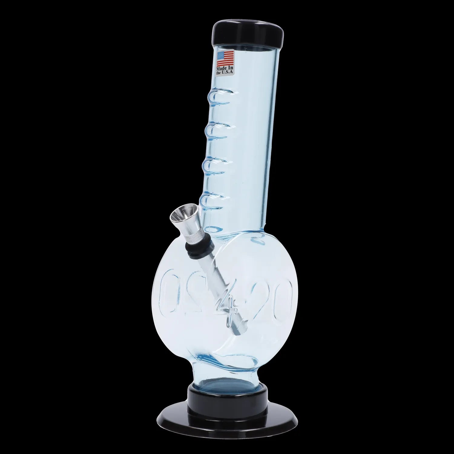 Clear glass water pipe (bong) with percolator, isolated on a black background.