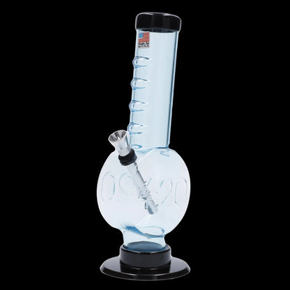 Clear glass water pipe (bong) with percolator, isolated on a black background.