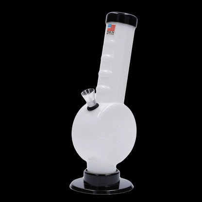 A front view of the 9-inch JM Plastics 420 Coin Base with Grip Acrylic Water Pipe, showcasing its clear construction and rounded base.
