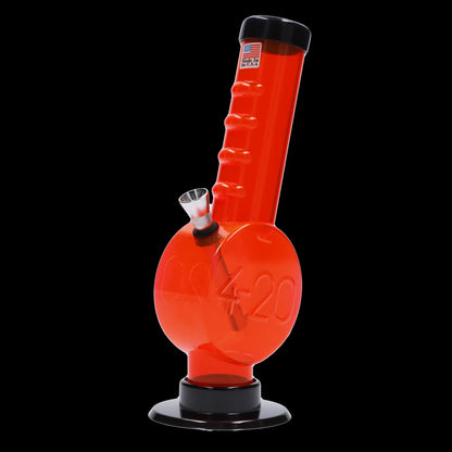 Front view of the 9-inch JM Plastics 420 Coin Base with Grip Acrylic Water Pipe, showcasing its red, cylindrical shape and sturdy base.