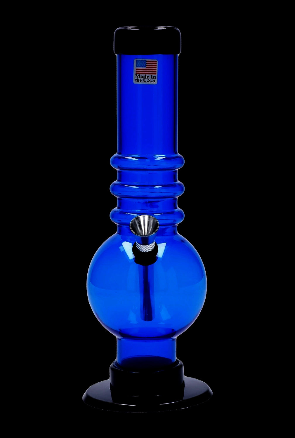 Centered front view of the JM Plastics Large Bubble Base with Grip Acrylic Bong - 12 in., shown in translucent cobalt blue against a black background.