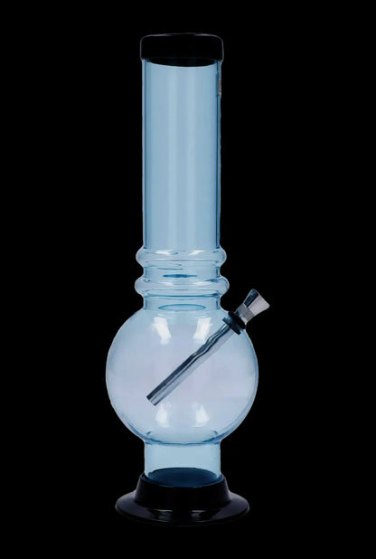 Centered front view of a smoke-colored JM Plastics Large Bubble Base with Grip Acrylic Bong - 12 in., shown against a black background.