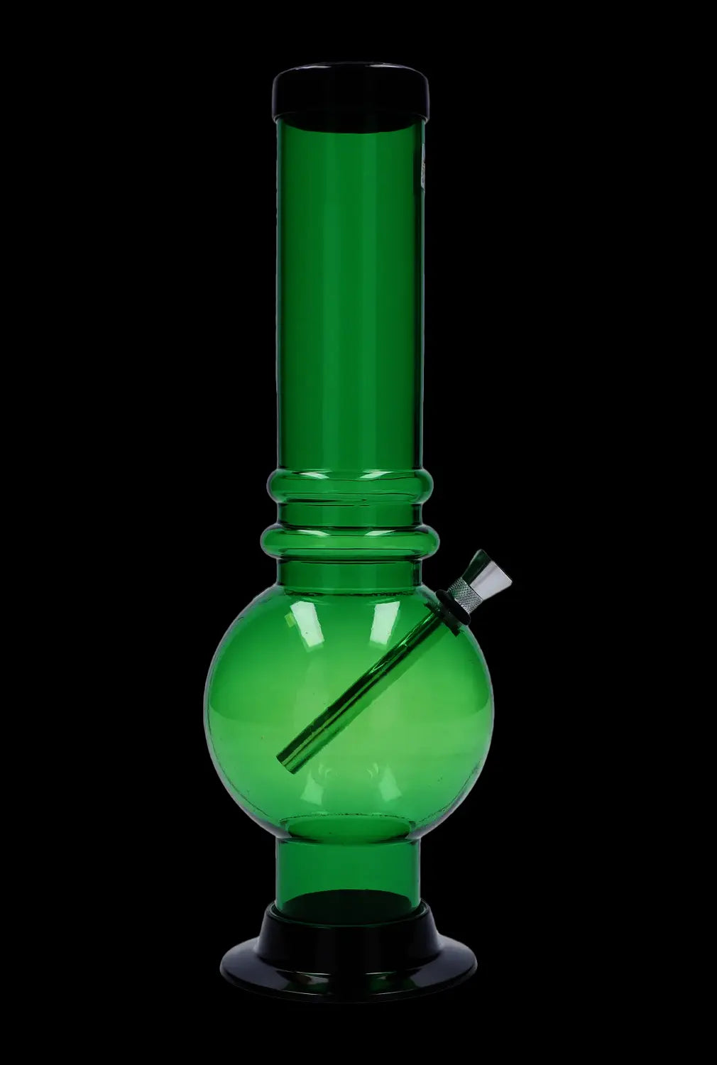 Front view of the JM Plastics Large Bubble Base with Grip Acrylic Bong - 12 in. in dark green against a black background, showing its spherical base, straight neck with twin grips, angled downstem and metal bowl.
