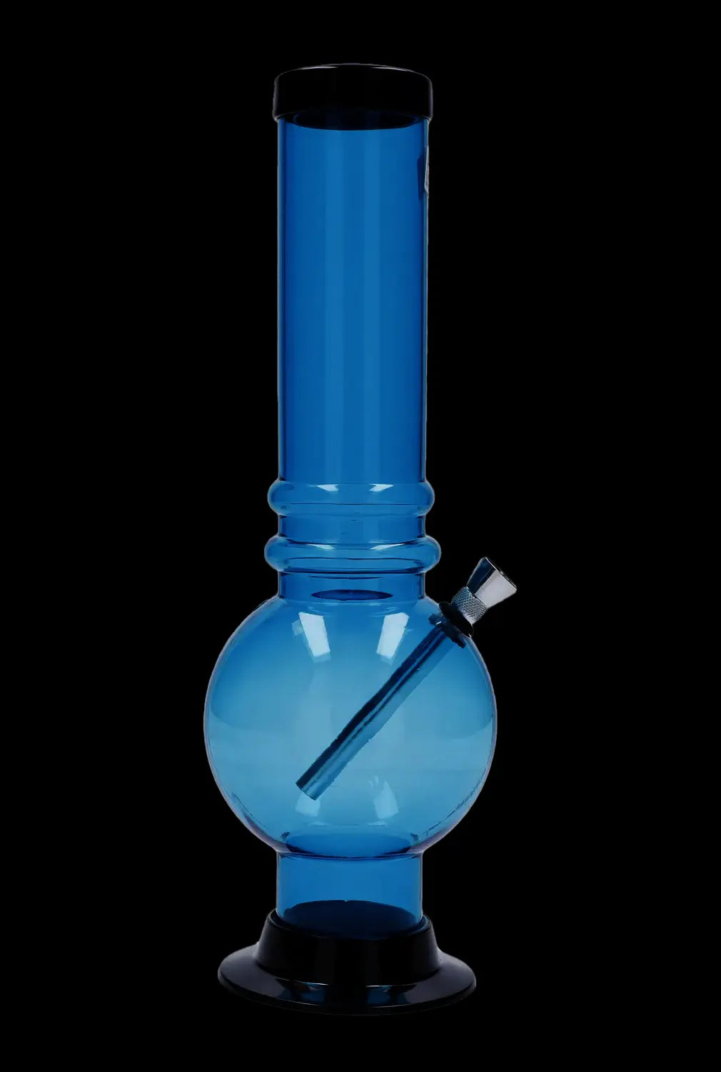 Centered front view of the JM Plastics Large Bubble Base with Grip Acrylic Bong - 12 in. in translucent red showing its spherical base, straight neck, angled downstem, and black background