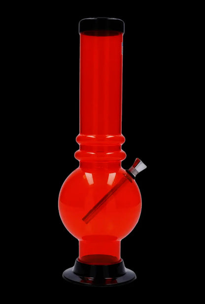 Centered front view of the JM Plastics Large Bubble Base with Grip Acrylic Bong - 12 in. in bright translucent red against a black background.