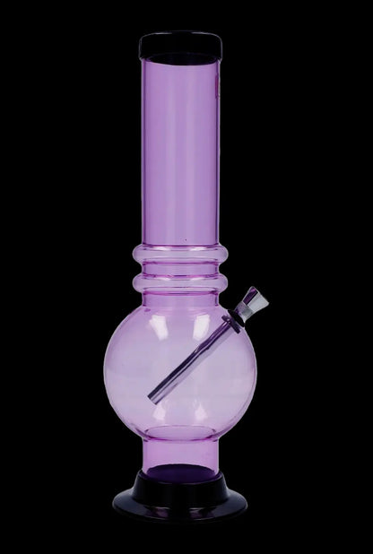Centered front view of the JM Plastics Large Bubble Base with Grip Acrylic Bong - 12 in. in purple-tinted clear against a black background.