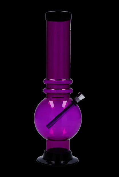 Front view of the JM Plastics Large Bubble Base with Grip Acrylic Bong - 12 in., shown in blue-tinted clear purple against a black background.