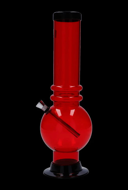 Centered front view of the JM Plastics Large Bubble Base with Grip Acrylic Bong - 12 in. in translucent dark red against a black background.