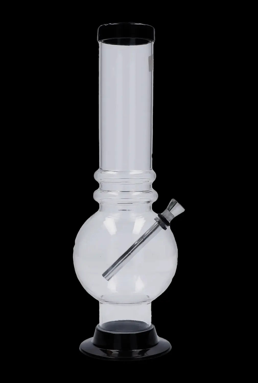 Centered front view of the JM Plastics Large Bubble Base with Grip Acrylic Bong - 12 in., clear with a black rim and base against black.