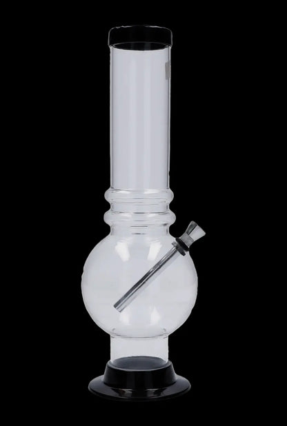 Centered front view of the JM Plastics Large Bubble Base with Grip Acrylic Bong - 12 in., clear with a black rim and base against black.
