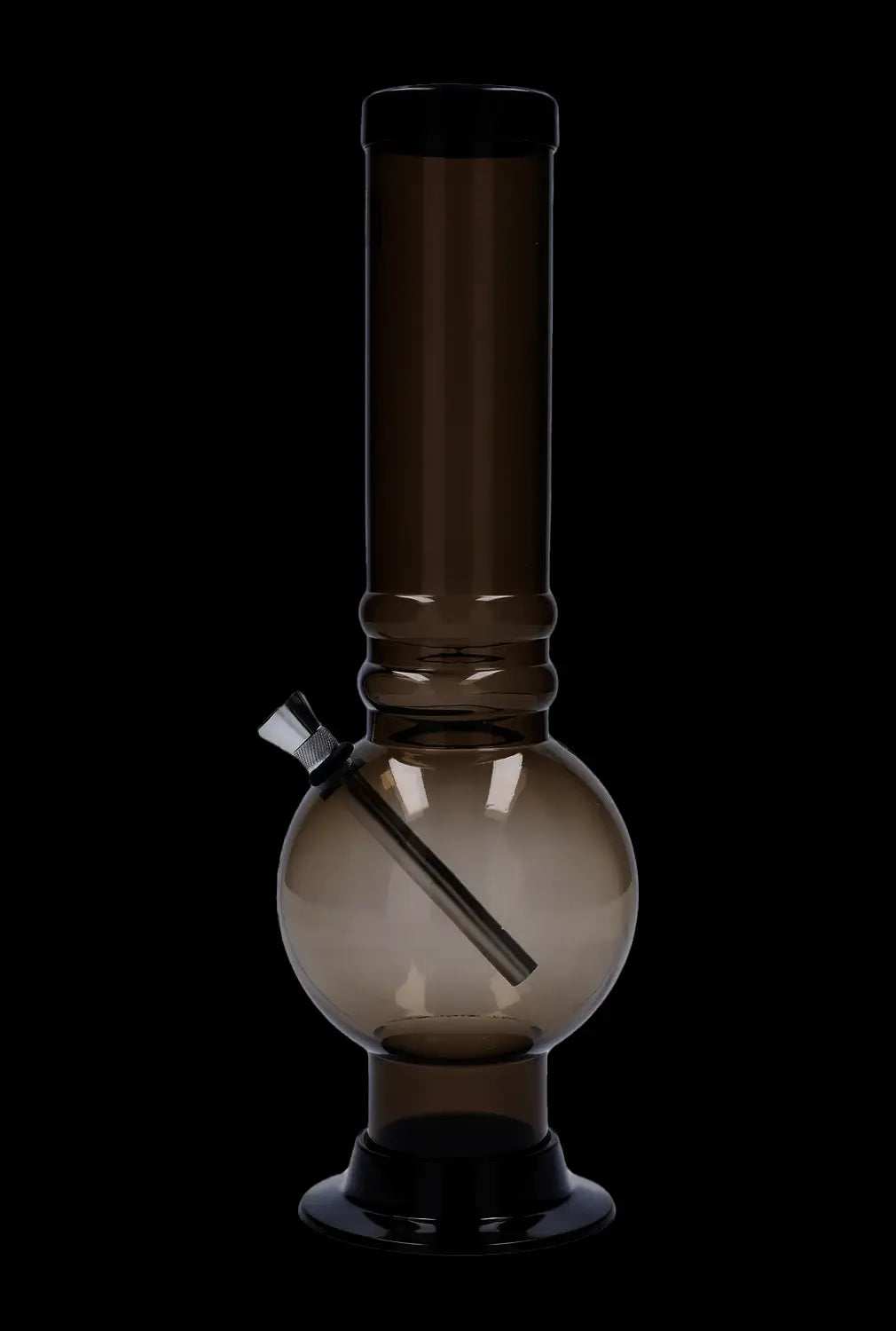 Centered front view of the JM Plastics Large Bubble Base with Grip Acrylic Bong - 12 in. in translucent orange against a black background, showing its round bubble base, straight tube, angled metal downstem and subtle highlights.