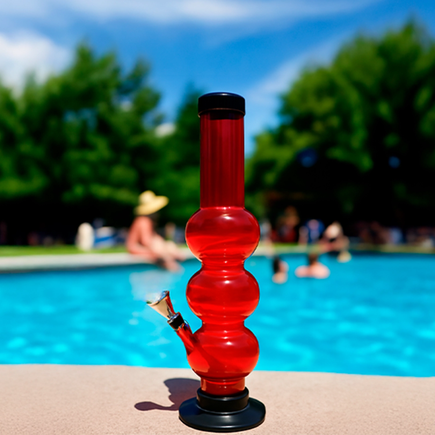 Close-up front view of the JM Plastics Triple Bubble Acrylic Bong - 12 in in translucent light green-looking red plastic, centered on a poolside edge with a blurred swimmers-and-trees background.