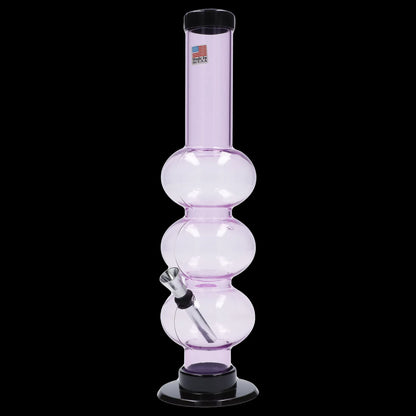 Pink glass bubbler with multiple chambers, used for smoking cannabis.