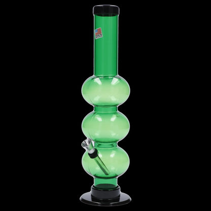 Green glass bong with multiple bubbles and black accents.