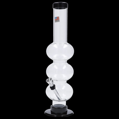 Glass water pipe (bong) with multiple bubbles and a glass bowl, isolated on a black background.