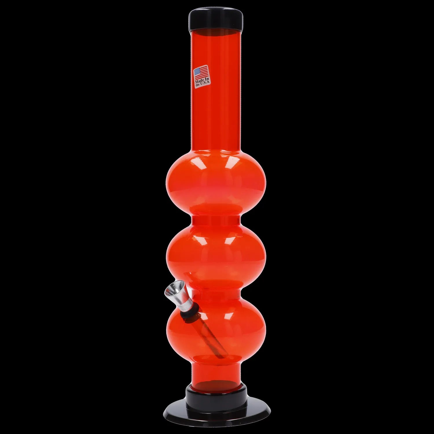 Red glass water pipe (bong) with multiple bubblers, displayed against a black background.
