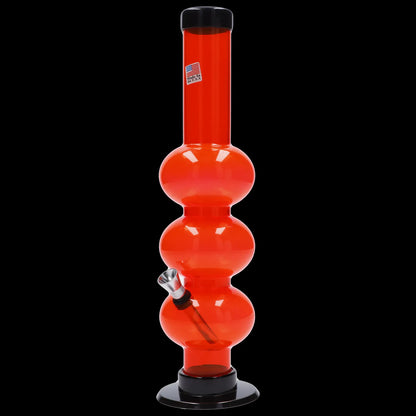 Red glass water pipe (bong) with multiple bubblers, displayed against a black background.