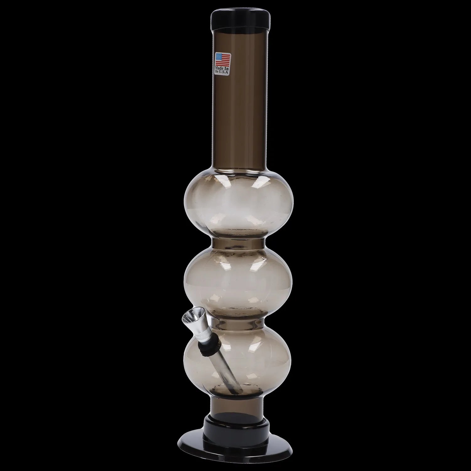 Clear glass bubbler with three stacked chambers and a removable downstem.