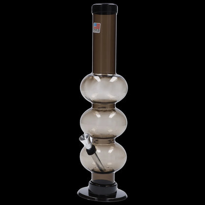 Clear glass bubbler with three stacked chambers and a removable downstem.