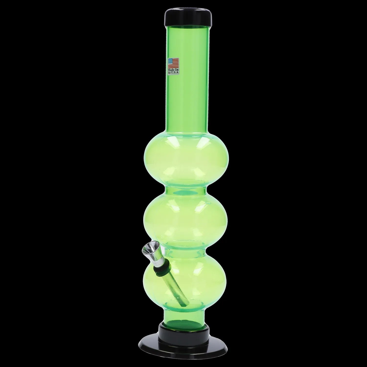 Green glass bubbler water pipe with multiple bulbs, black accents, and a glass bowl.