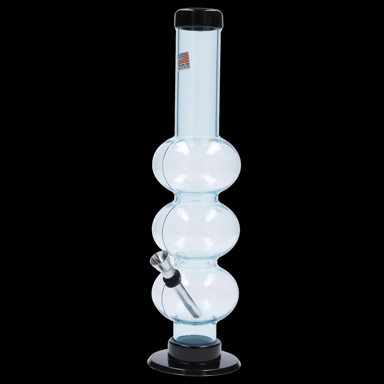 Clear glass water pipe with multiple bulbs, black accents, and a visible bowl piece.
