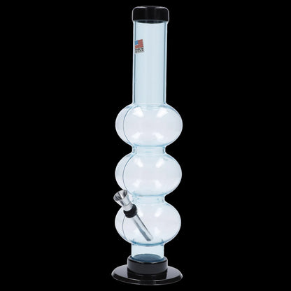 Clear glass water pipe with multiple bulbs, black accents, and a visible bowl piece.