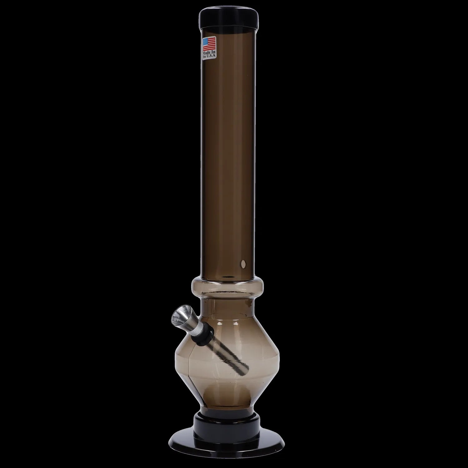 Tall glass bong with a flared base, featuring a dark tint and black accents.