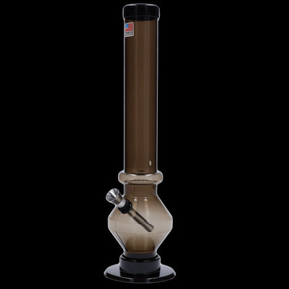 Tall glass bong with a flared base, featuring a dark tint and black accents.