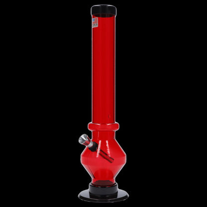 Red acrylic water pipe (bong) with a black base and mouthpiece.