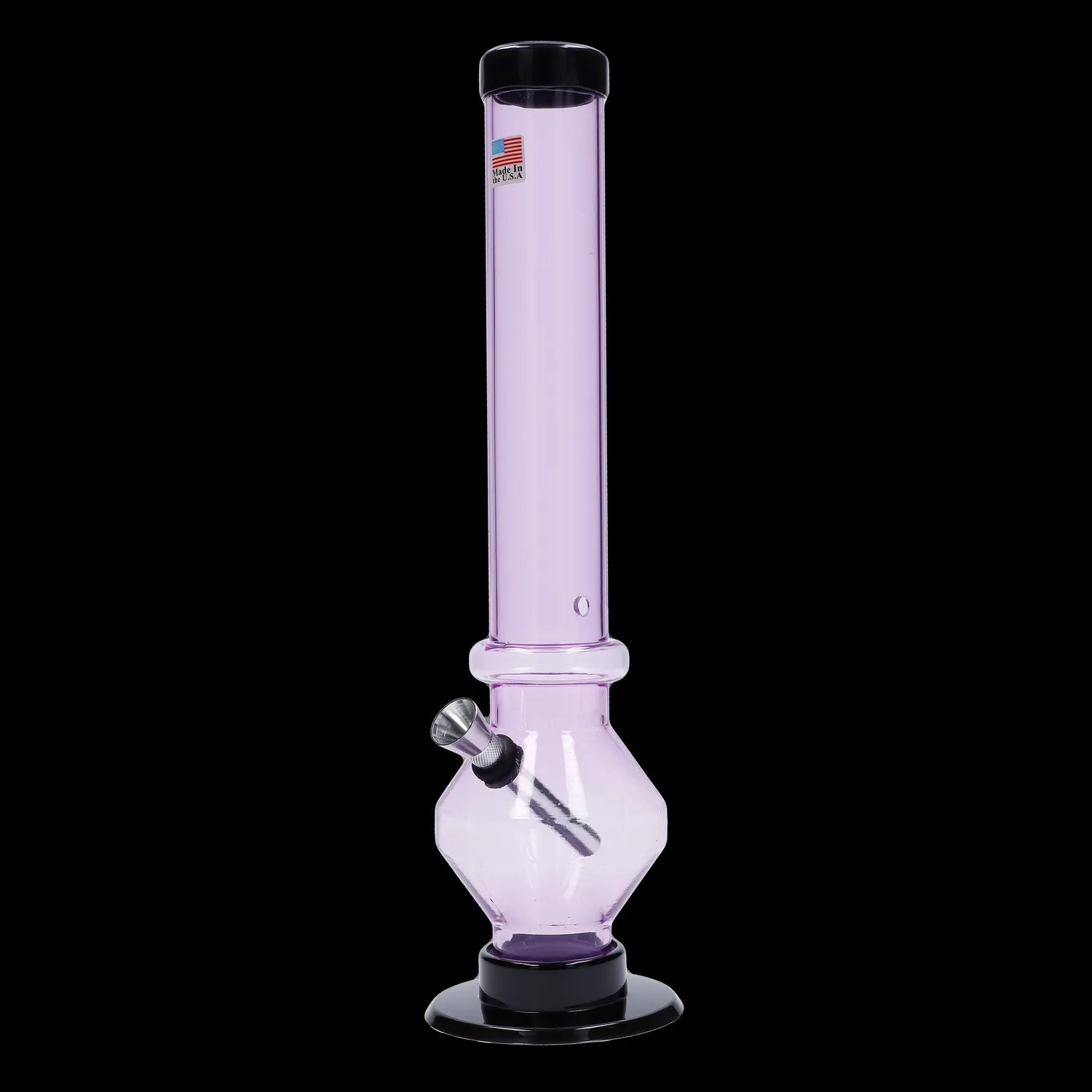 Pink glass water pipe (bong) with black accents on a black background.