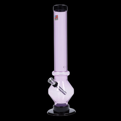 Pink glass water pipe (bong) with black accents on a black background.