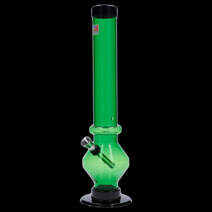 Green glass water pipe (bong) with black accents, isolated on a black background.