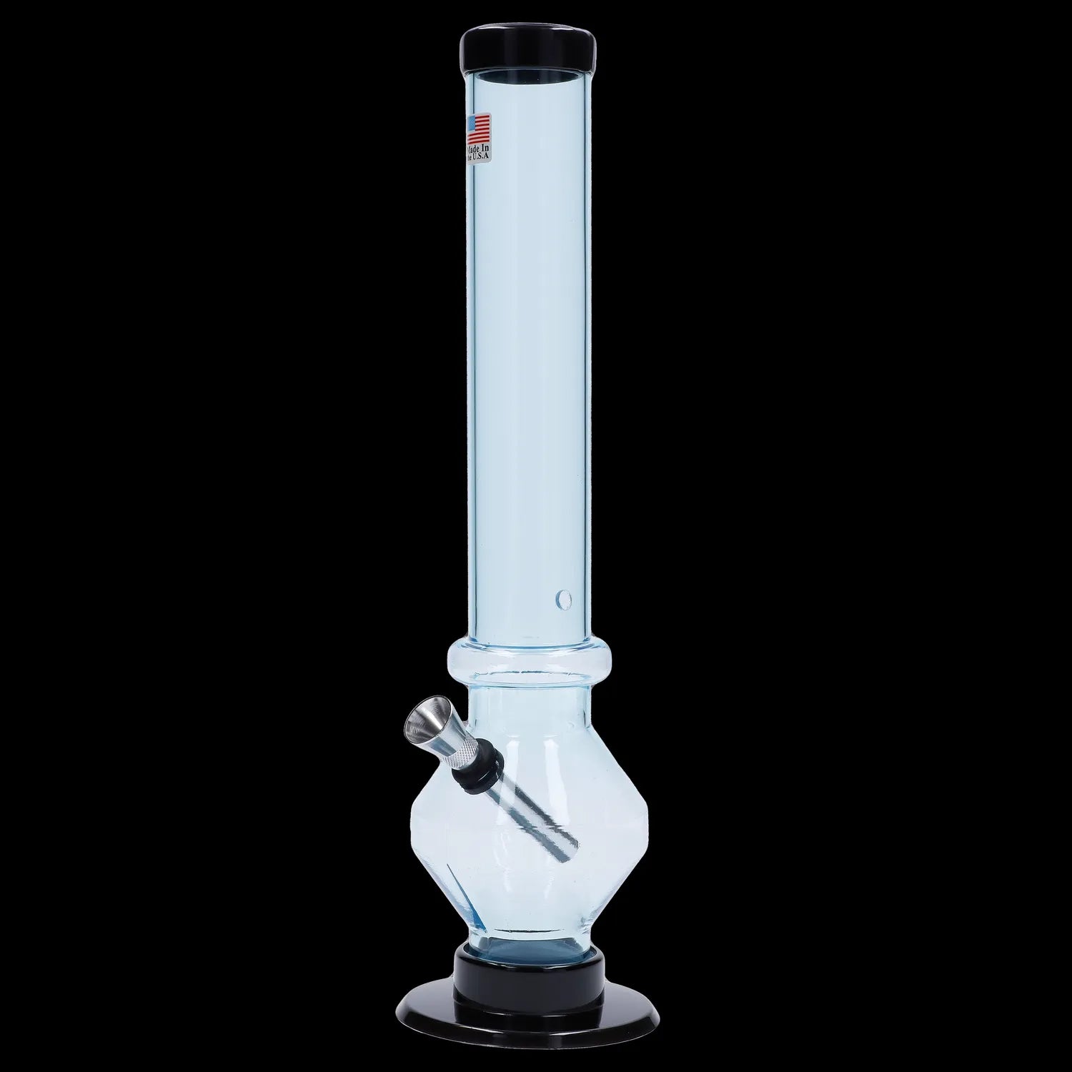 Blue glass water pipe with a black base and mouthpiece.