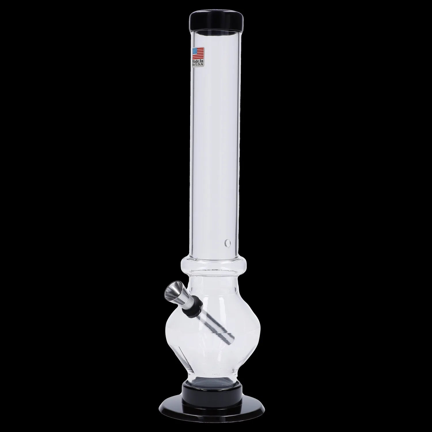Clear glass water pipe with a flared base and black accents.