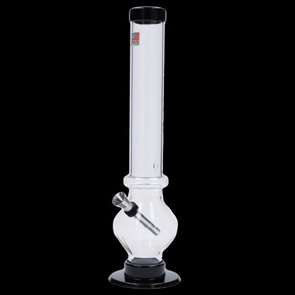 Clear glass water pipe with a flared base and black accents.